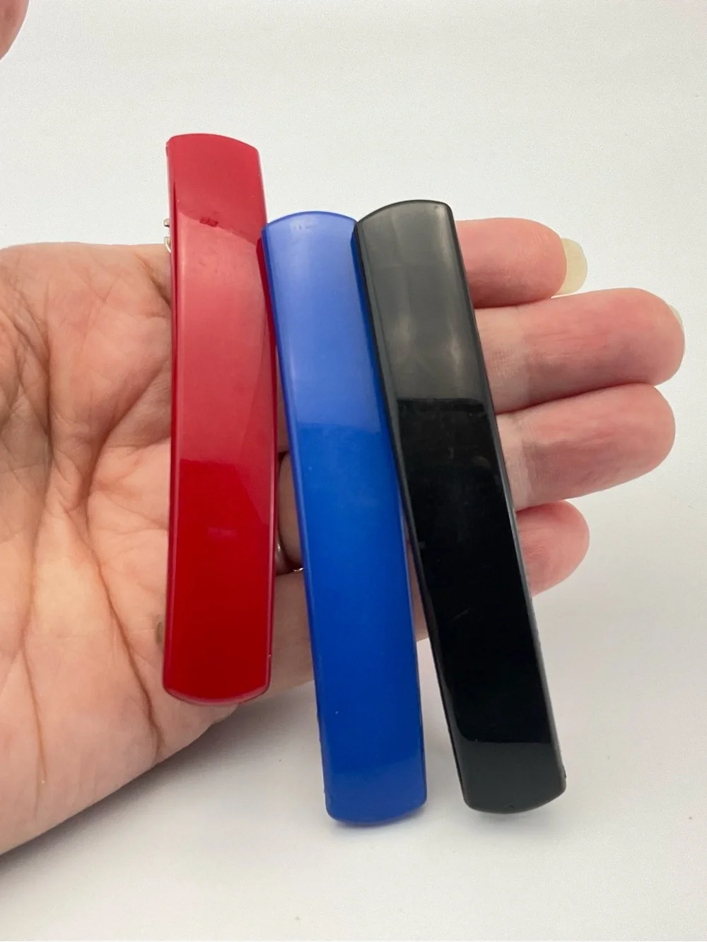 Vintage 80s Trio of Barrettes in Black, Blue & Red, New Wave, Snap Hair Clips